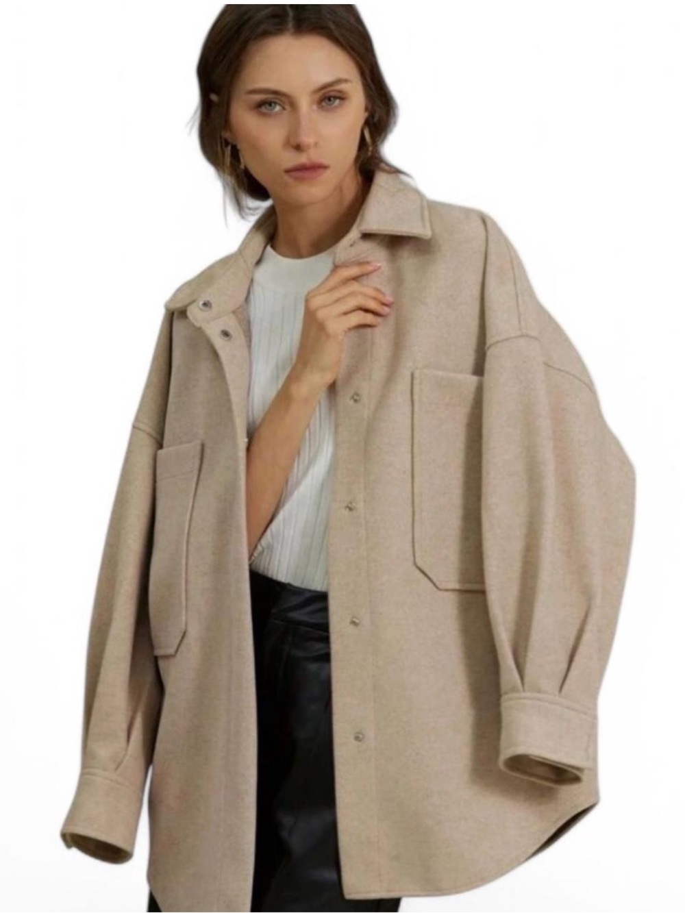 Beige Oversized Heather Oatmeal Shacket Jacket - Women